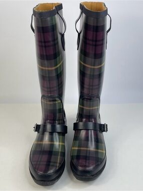 L.L. Bean Women's Plaid Tall Rain Boots in Green and Purple